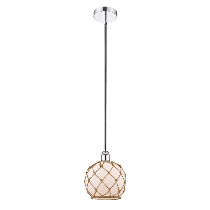 Innovations Farmhouse Rope 8in 1-Light Mini Pendant | Industrial Polished Chrome and White Frosted Glass with Brown Rope | Model 616-1S-PC-G121-8RB-LED