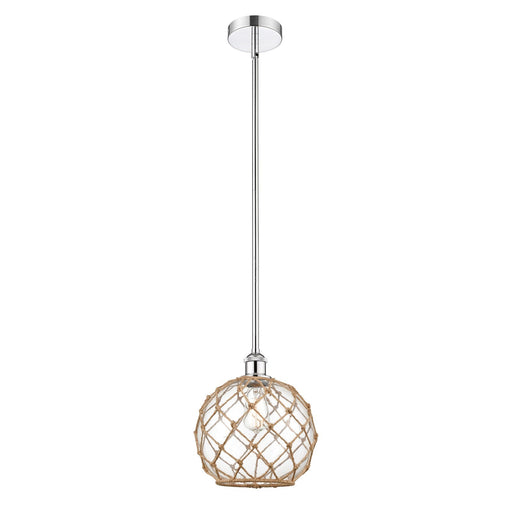 Innovations Farmhouse Rope 10in 1-Light Mini Pendant | Industrial Polished Chrome Steel and Clear Glass with Brown Rope | Model 616-1S-PC-G122-10RB