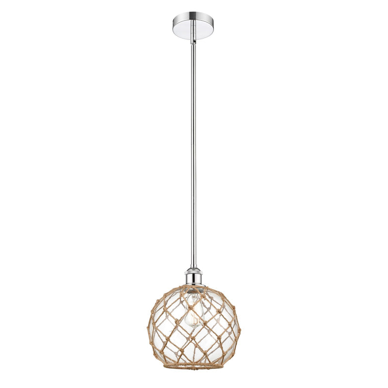 Innovations Farmhouse Rope 10in 1-Light Mini Pendant | Industrial Polished Chrome Steel and Clear Glass with Brown Rope | Model 616-1S-PC-G122-10RB