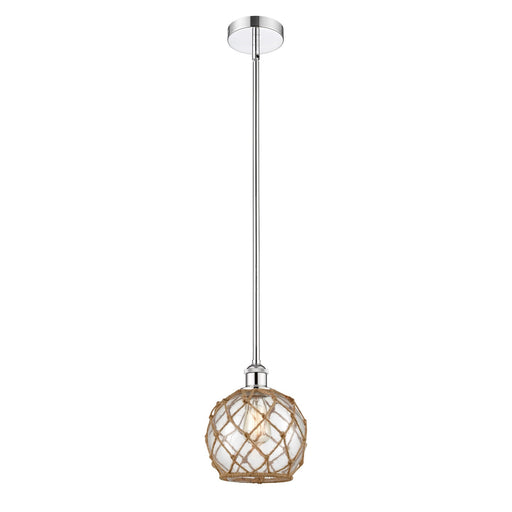 Innovations Farmhouse Rope 8in 1-Light Mini Pendant | Industrial Polished Chrome Steel and Clear Glass with Brown Rope | Model 616-1S-PC-G122-8RB-LED