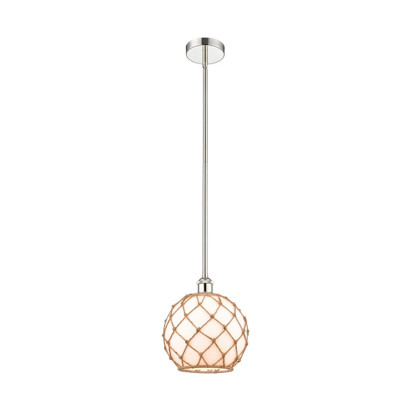 Innovations Farmhouse Rope 10in 1-Light Mini Pendant | Industrial Polished Nickel Steel and White Glass with Brown Rope | Model 616-1S-PN-G121-10RB