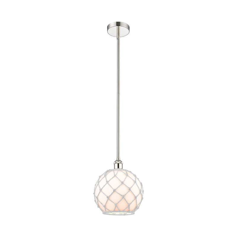 Innovations Farmhouse Rope 10in 1-Light Mini Pendant | Industrial Polished Nickel and White Glass with Rope Shade | Kitchen | Model 616-1S-PN-G121-10RW
