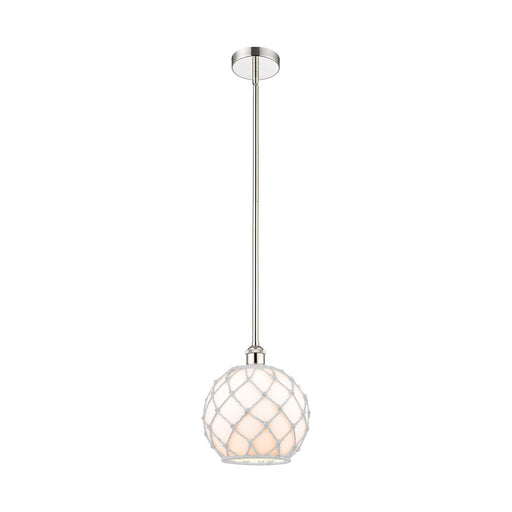 Innovations Farmhouse Rope 10in 1-Light Mini Pendant | Industrial Polished Nickel Steel and White Glass Rope Shade | Model 616-1S-PN-G121-10RW-LED