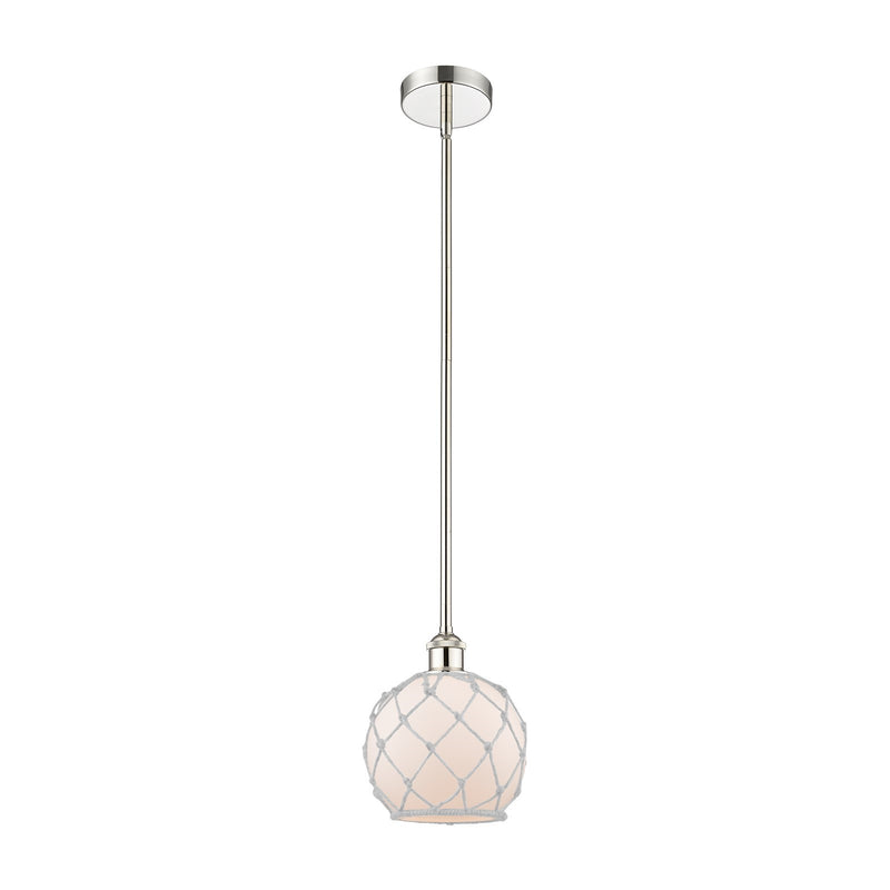 Innovations Farmhouse Rope 8in 1-Light Mini Pendant | Industrial Polished Nickel Steel and White Frosted Glass Rope Shade | Model 616-1S-PN-G121-8RW