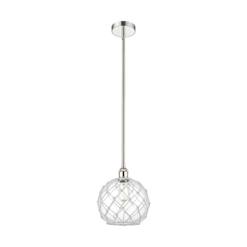 Innovations Farmhouse Rope 10in 1-Light Mini Pendant | Industrial Polished Nickel Steel and Clear Glass with White Rope | Model 616-1S-PN-G122-10RW-LED