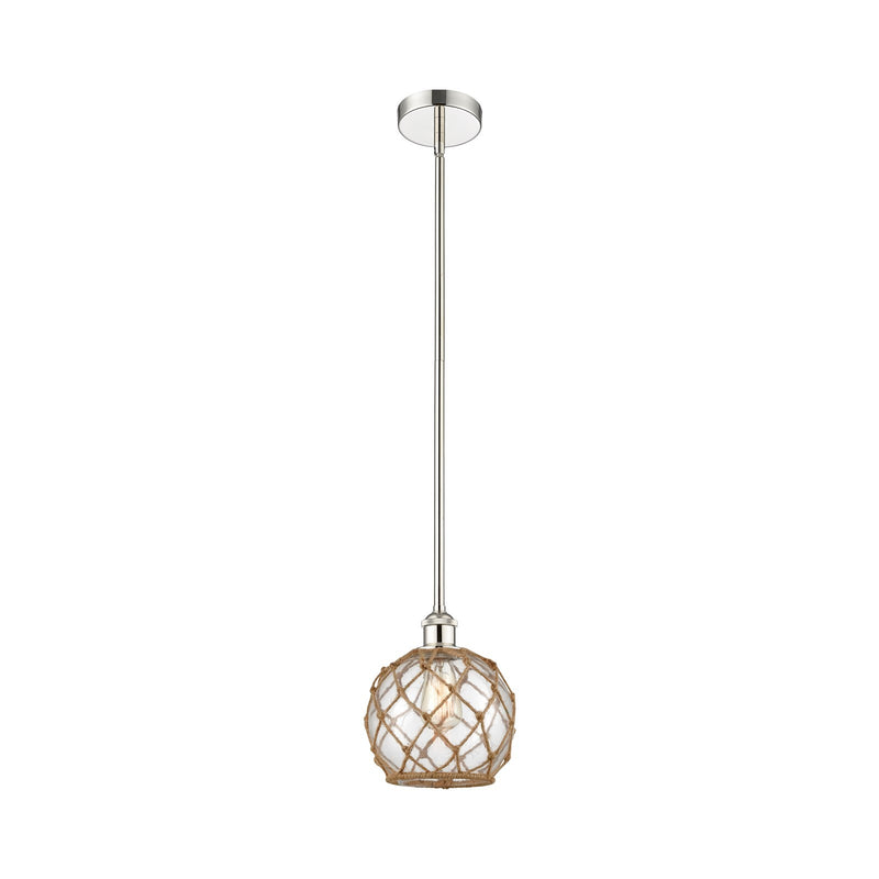 Innovations Farmhouse Rope 8in 1-Light Mini Pendant | Industrial Polished Nickel Steel and Clear Glass with Brown Rope | Model 616-1S-PN-G122-8RB