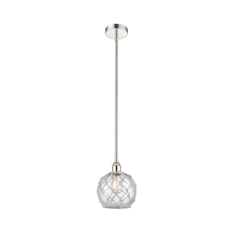 Innovations Farmhouse Rope 8in 1-Light Mini Pendant | Industrial Polished Nickel Steel and Clear Glass with White Rope | Model 616-1S-PN-G122-8RW