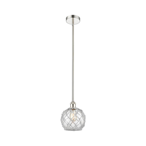 Innovations Farmhouse Rope 8in 1-Light Mini Pendant | Industrial Polished Nickel Steel and Clear Glass with White Rope | Model 616-1S-PN-G122-8RW
