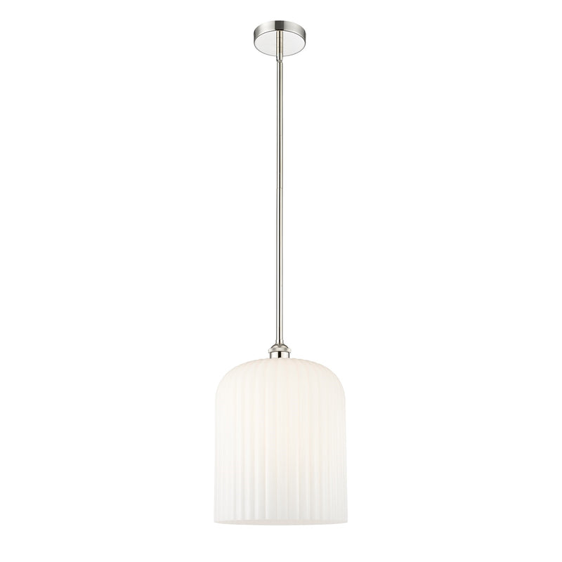 Innovations Bridal Veil 5in 1-Light Mini Pendant | Art Nouveau Polished Nickel and Gloss White Ribbed Glass | Kitchen Island | Model 616-1S-PN-G559-12GWH