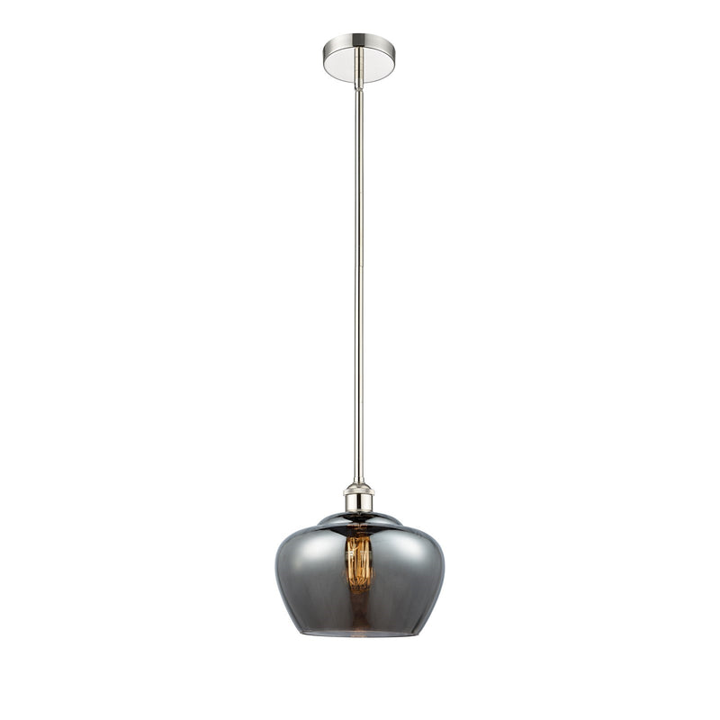 Innovations Fenton 11in 1-Light Mini Pendant | Industrial Polished Nickel and Light Smoke Ribbed Glass | Kitchen Island & | Model 616-1S-PN-G93-L-LED