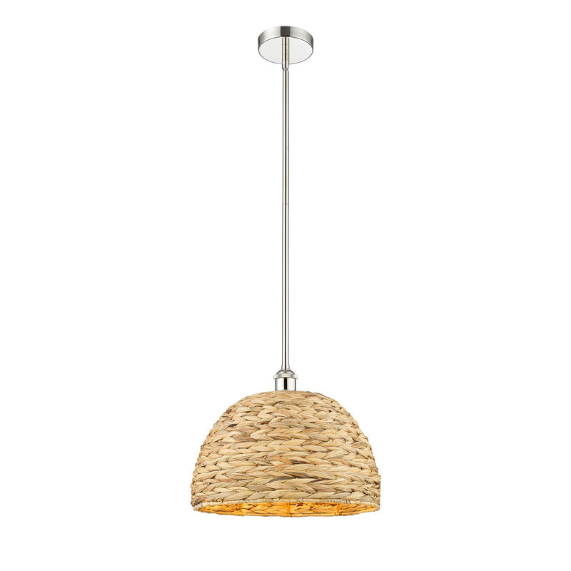 Innovations Woven Rattan 16in 1-Light Mini Pendant | Industrial Polished Nickel Steel and Natural Fiber Dome Shade | Kitchen | Model 616-1S-PN-RBD-16-NAT