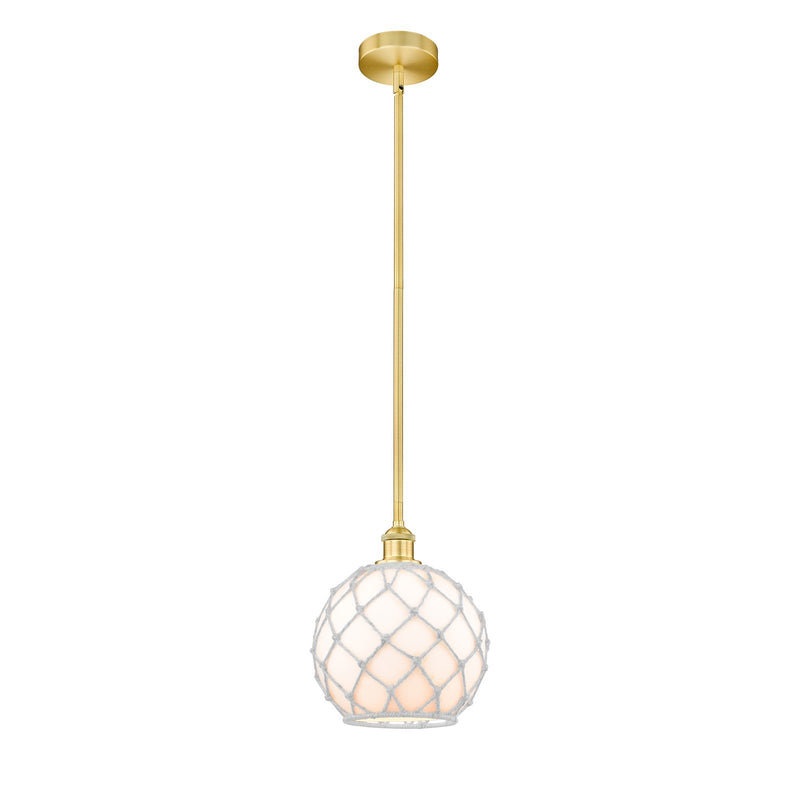 Innovations Farmhouse Rope 10in 1-Light Mini Pendant | Industrial Satin Gold Steel and White Glass Rope Shade | Kitchen | Model 616-1S-SG-G121-10RW-LED