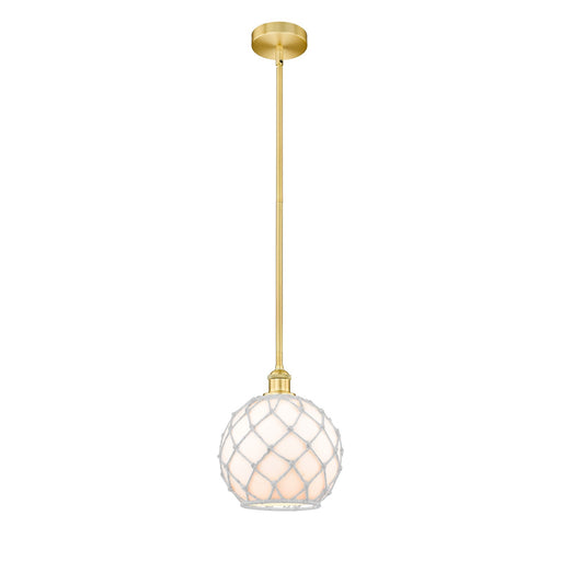 Innovations Farmhouse Rope 10in 1-Light Mini Pendant | Industrial Satin Gold Steel and White Glass Rope Shade | Kitchen | Model 616-1S-SG-G121-10RW-LED