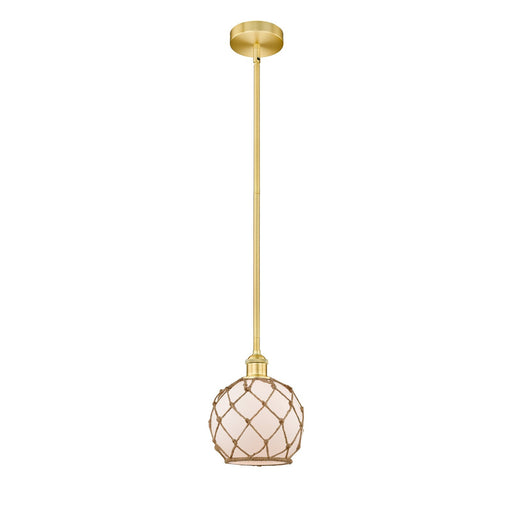 Innovations Farmhouse Rope 8in 1-Light Mini Pendant | Industrial Satin Gold Steel and White Frosted Glass with Brown Rope | Model 616-1S-SG-G121-8RB