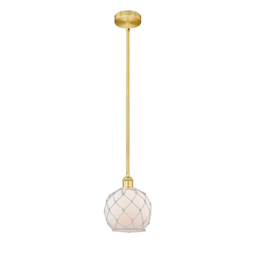 Innovations Farmhouse Rope 8in 1-Light Mini Pendant | Industrial Satin Gold Steel and White Frosted Glass with Rope | Kitchen | Model 616-1S-SG-G121-8RW