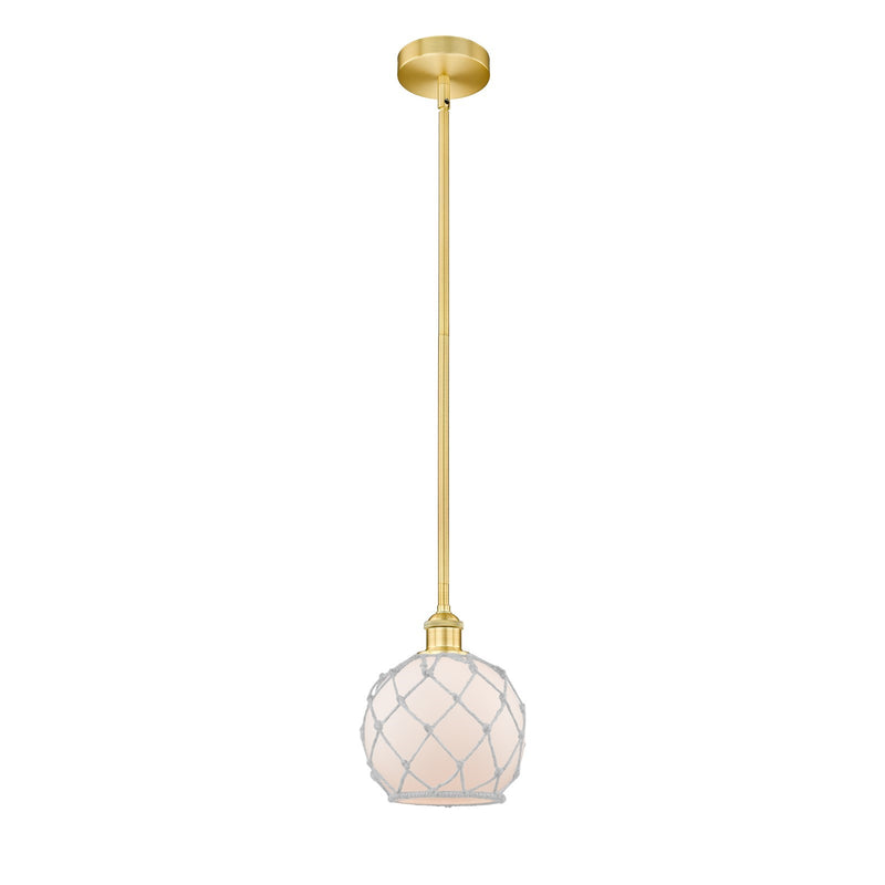 Innovations Farmhouse Rope 8in 1-Light Mini Pendant | Industrial Satin Gold Steel and White Frosted Glass with Rope | Kitchen | Model 616-1S-SG-G121-8RW