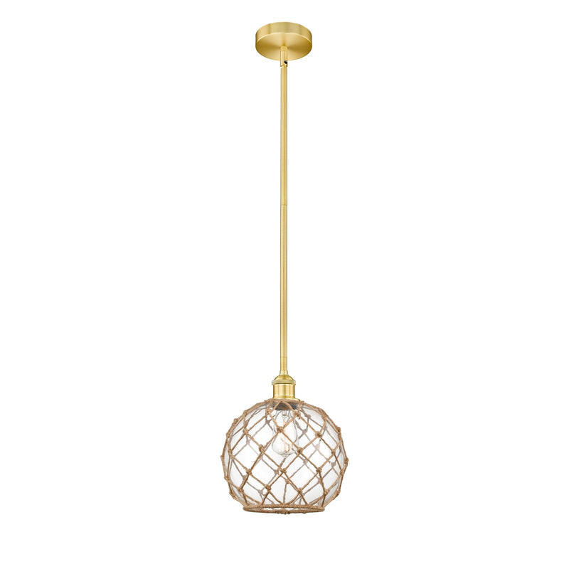 Innovations Farmhouse Rope 10in 1-Light Mini Pendant | Industrial Satin Gold Steel and Clear Glass with Brown Rope | Kitchen | Model 616-1S-SG-G122-10RB