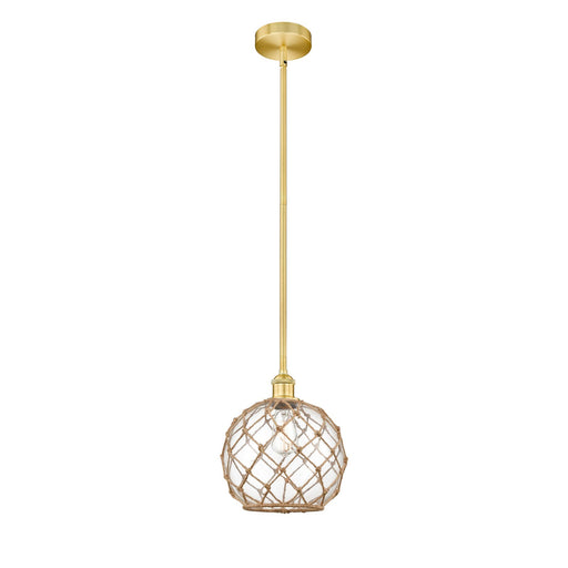 Innovations Farmhouse Rope 10in 1-Light Mini Pendant | Industrial Satin Gold Steel and Clear Glass with Brown Rope | Model 616-1S-SG-G122-10RB-LED