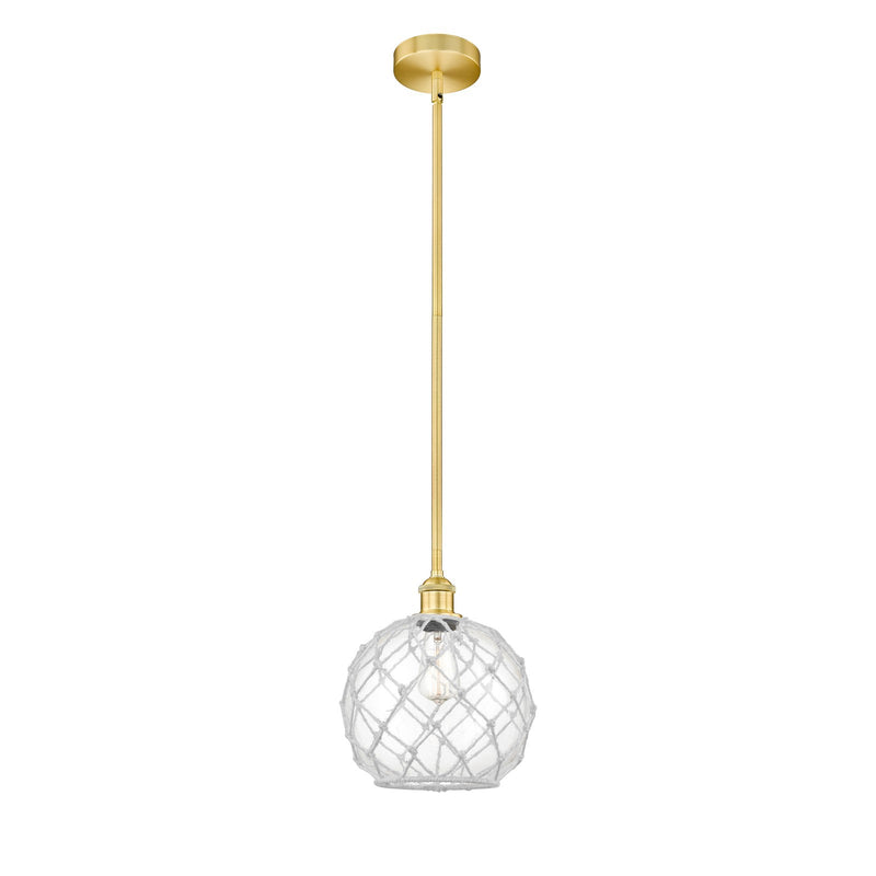 Innovations Farmhouse Rope 10in 1-Light Mini Pendant | Industrial Satin Gold Steel and Clear Glass with White Rope | Kitchen | Model 616-1S-SG-G122-10RW