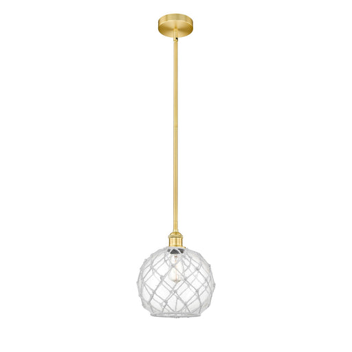 Innovations Farmhouse Rope 10in 1-Light Mini Pendant | Industrial Satin Gold Steel and Clear Glass with White Rope Shade | Model 616-1S-SG-G122-10RW-LED