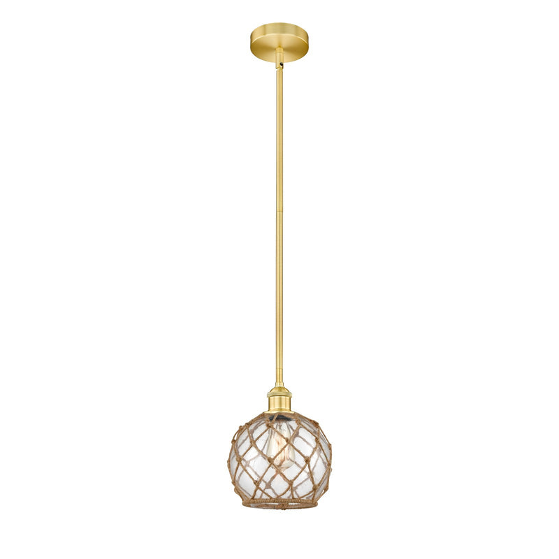 Innovations Farmhouse Rope 8in 1-Light Mini Pendant | Industrial Satin Gold Steel and Clear Glass with Brown Rope | Kitchen | Model 616-1S-SG-G122-8RB