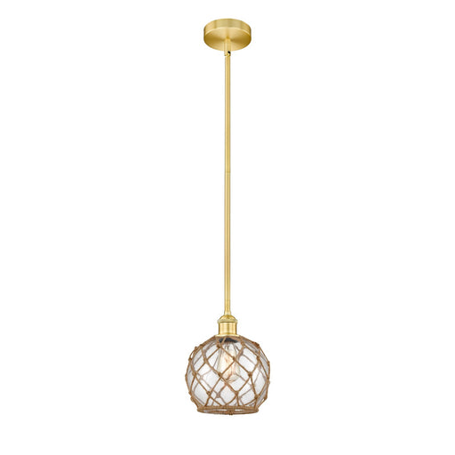 Innovations Farmhouse Rope 8in 1-Light Mini Pendant | Industrial Satin Gold Steel and Clear Glass with Brown Rope | Kitchen | Model 616-1S-SG-G122-8RB