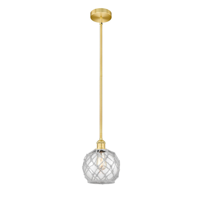 Innovations Farmhouse Rope 8in 1-Light Mini Pendant | Industrial Satin Gold Steel and Clear Glass with White Rope | Kitchen | Model 616-1S-SG-G122-8RW-LED