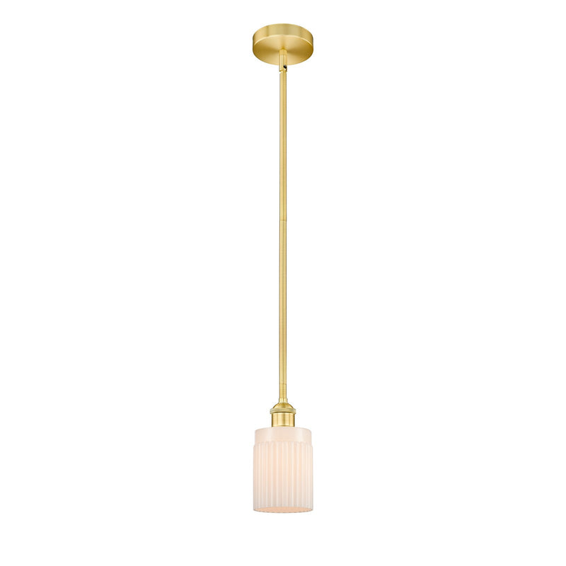 Innovations Hadley 4.5in 1-Light Mini Pendant | Art Nouveau Satin Gold Steel and Matte White Ribbed Glass | Kitchen Island & | Model 616-1S-SG-G341-LED