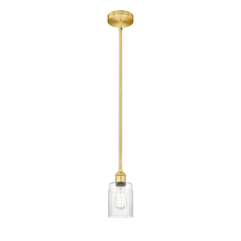 Innovations Hadley 4.5in 1-Light Mini Pendant | Art Nouveau Satin Gold Steel and Clear Ribbed Glass | Kitchen Island & Dining | Model 616-1S-SG-G342-LED