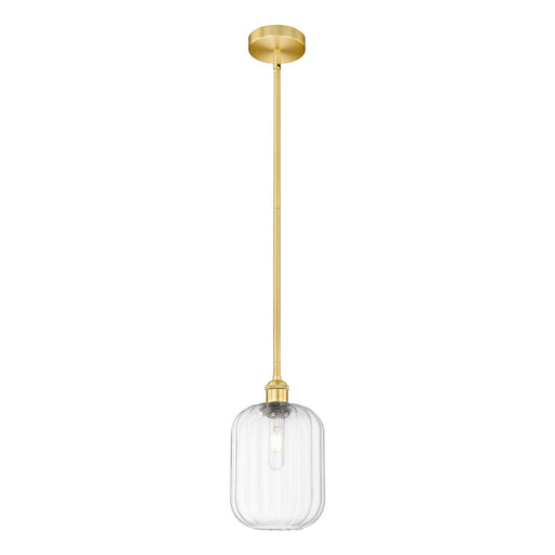 Innovations Preston Cylinder 7in 1-Light Mini Pendant | Industrial Satin Gold Steel and Clear Glass | Kitchen Island & Dining | Model 616-1S-SG-G460-7CL