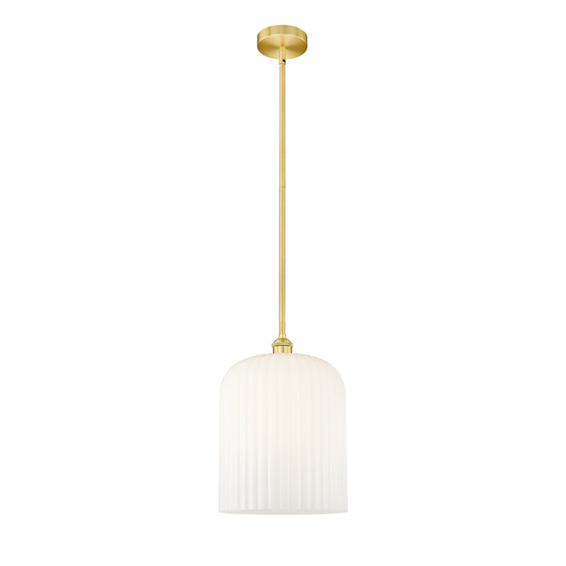 Innovations Bridal Veil 5in 1-Light Mini Pendant | Art Nouveau Satin Gold Steel and Gloss White Ribbed Glass | Kitchen Island | Model 616-1S-SG-G559-12GWH