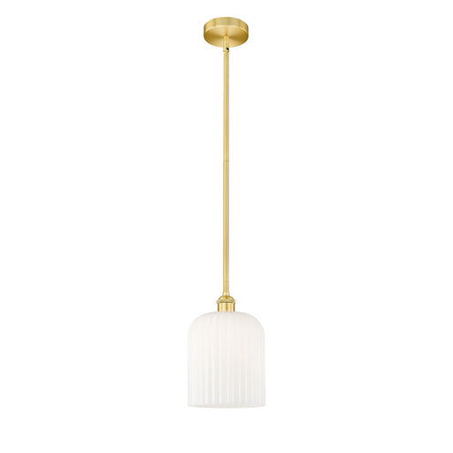 Innovations Bridal Veil 5in 1-Light Mini Pendant | Art Nouveau Satin Gold Steel and Gloss White Ribbed Glass | Kitchen Island | Model 616-1S-SG-G559-8GWH
