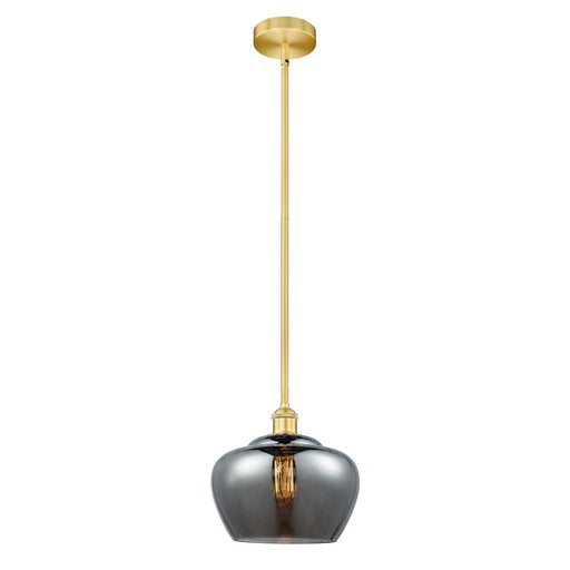 Innovations Fenton 11in 1-Light Mini Pendant | Industrial Satin Gold Steel and Light Smoke Ribbed Glass | Kitchen Island & | Model 616-1S-SG-G93-L-LED