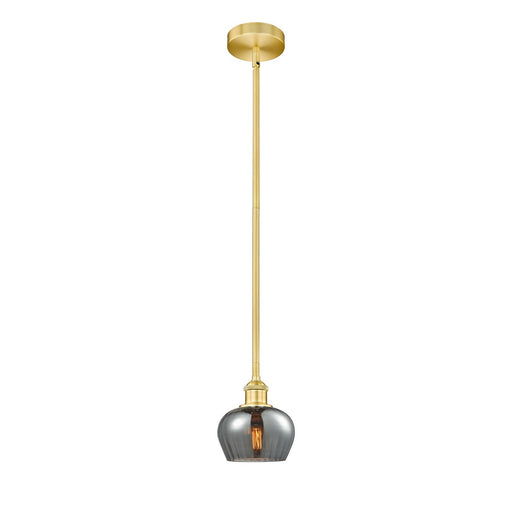 Innovations Fenton 7in 1-Light Mini Pendant | Art Nouveau Satin Gold Steel and Light Smoke Ribbed Glass | Kitchen Island & | Model 616-1S-SG-G93-LED