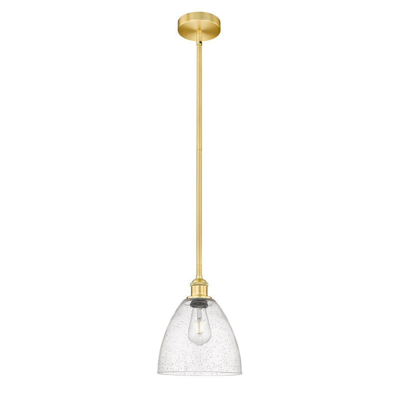 Innovations Bristol 9in 1-Light Mini Pendant | Industrial Satin Gold Steel and Seedy Glass | Kitchen Island & Dining Room | 9 | Model 616-1S-SG-GBD-94-LED