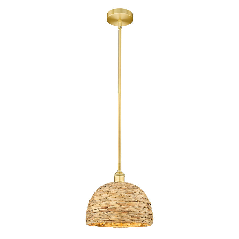 Innovations Woven Rattan 12in 1-Light Mini Pendant | Industrial Satin Gold Steel and Natural Fiber Dome Shade | Kitchen | Model 616-1S-SG-RBD-12-NAT