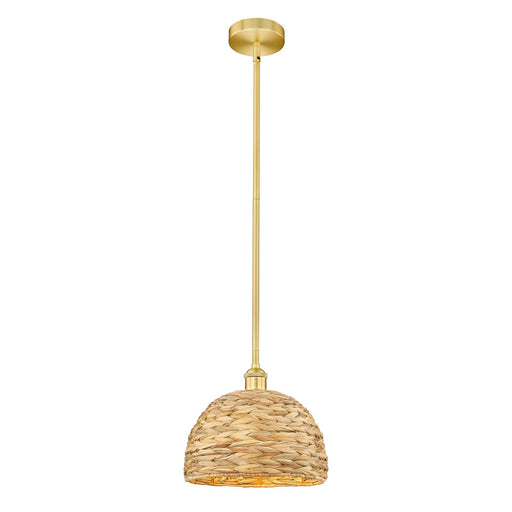 Innovations Woven Rattan 12in 1-Light Mini Pendant | Industrial Satin Gold Steel and Natural Fiber Dome Shade | Kitchen | Model 616-1S-SG-RBD-12-NAT