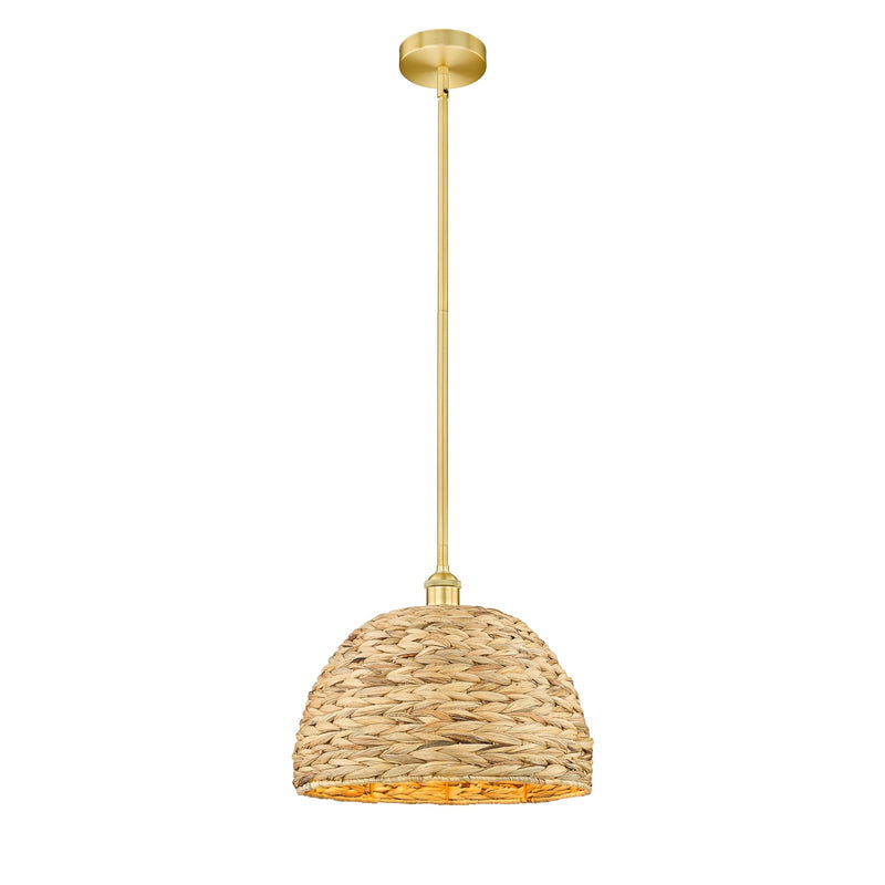 Innovations Woven Rattan 16in 1-Light Mini Pendant | Industrial Satin Gold Steel and Natural Fiber Dome Shade | Kitchen | Model 616-1S-SG-RBD-16-NAT