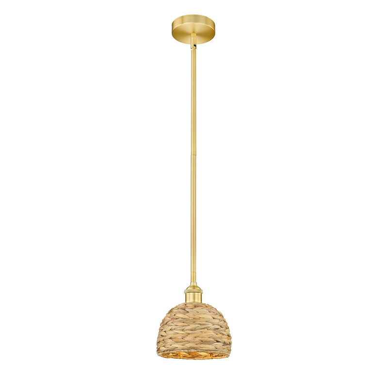 Innovations Edison 8in 1-Light Mini Pendant | Rustic Satin Gold Steel and Natural Woven Rattan Shade | Kitchen Island & Dining | Model 616-1S-SG-RBD-8-NAT