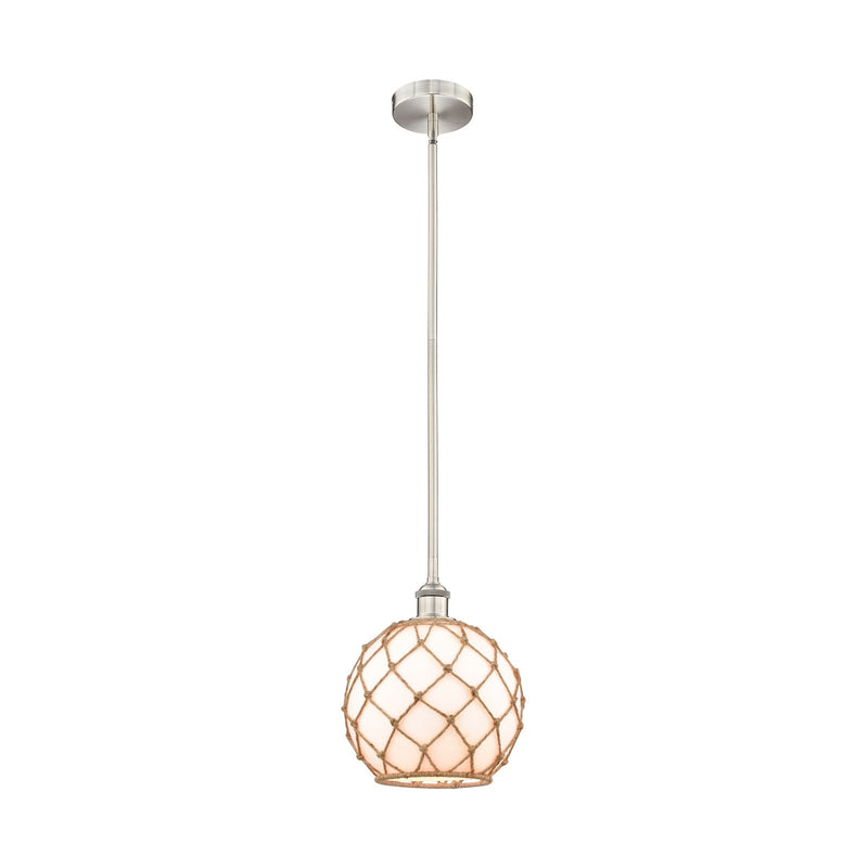 Innovations Farmhouse Rope 10in 1-Light Mini Pendant | Industrial Brushed Satin Nickel Steel and White Glass with Brown Rope | Model 616-1S-SN-G121-10RB