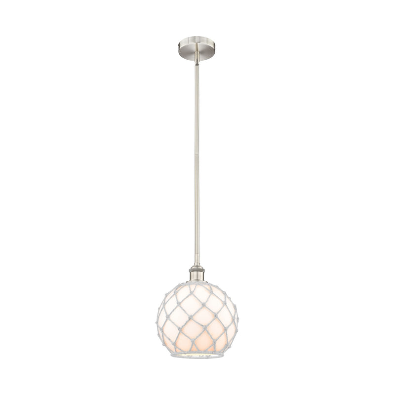 Innovations Farmhouse Rope 10in 1-Light Mini Pendant | Industrial Brushed Satin Nickel and White Glass with White Rope | Model 616-1S-SN-G121-10RW
