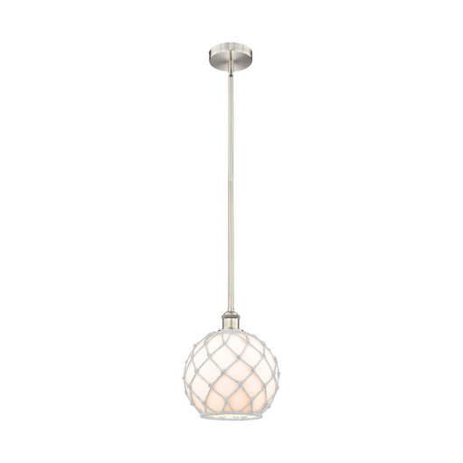 Innovations Farmhouse Rope 10in 1-Light Mini Pendant | Industrial Brushed Satin Nickel and White Glass with White Rope | Model 616-1S-SN-G121-10RW