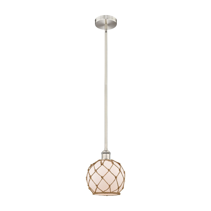Innovations Farmhouse Rope 8in 1-Light Mini Pendant | Industrial Brushed Satin Nickel Steel and White Frosted Glass with | Model 616-1S-SN-G121-8RB-LED