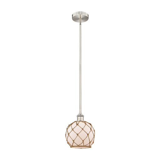 Innovations Farmhouse Rope 8in 1-Light Mini Pendant | Industrial Brushed Satin Nickel Steel and White Frosted Glass with | Model 616-1S-SN-G121-8RB-LED