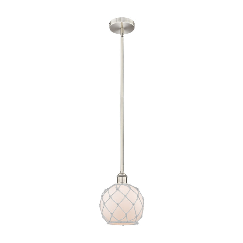Innovations Farmhouse Rope 8in 1-Light Mini Pendant | Industrial Brushed Satin Nickel Steel and White Frosted Glass with | Model 616-1S-SN-G121-8RW-LED