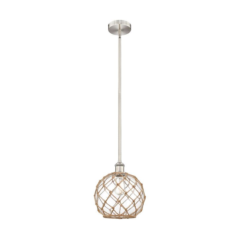 Innovations Farmhouse Rope 10in 1-Light Mini Pendant | Industrial Brushed Satin Nickel and Clear Glass with Brown Rope | Model 616-1S-SN-G122-10RB