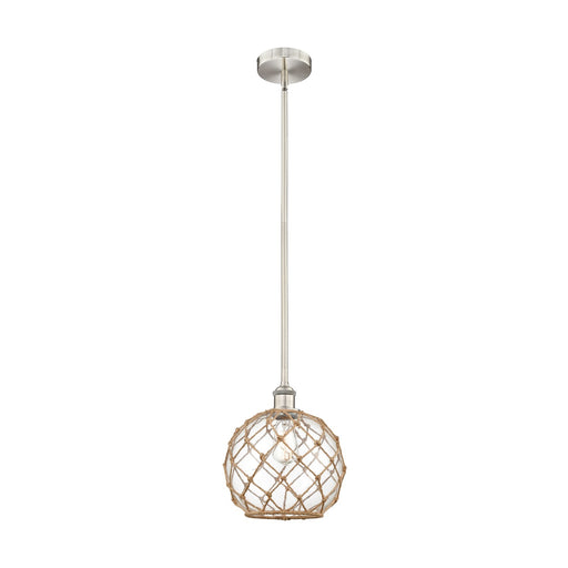 Innovations Farmhouse Rope 10in 1-Light Mini Pendant | Industrial Brushed Satin Nickel and Clear Glass with Brown Rope | Model 616-1S-SN-G122-10RB