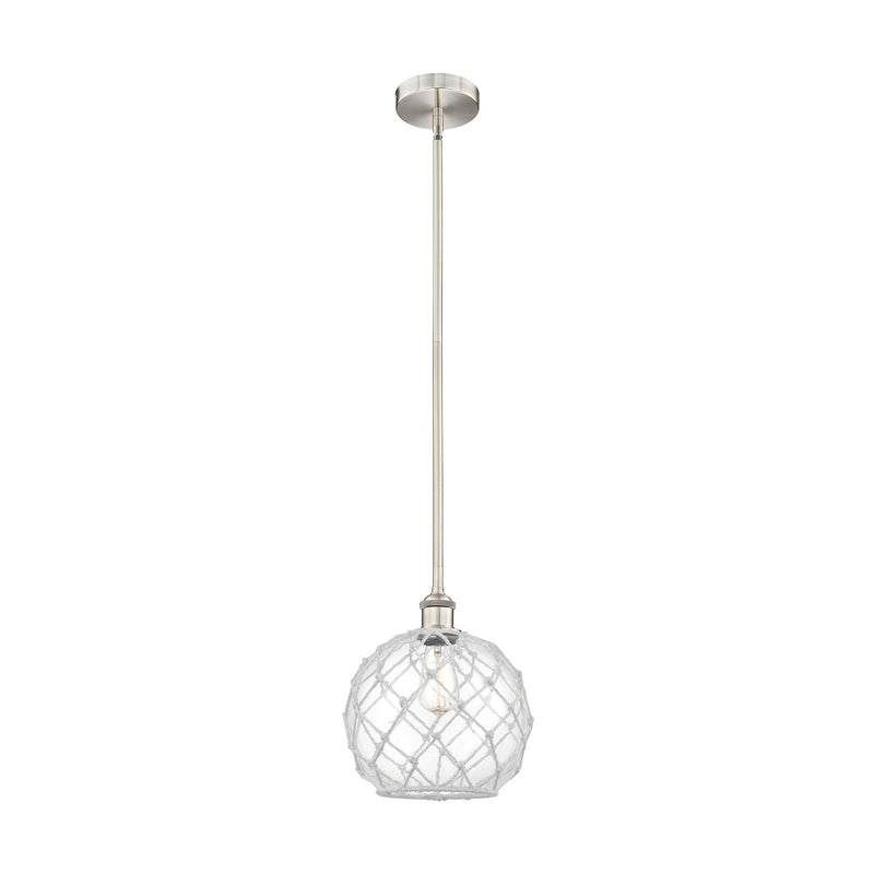 Innovations Farmhouse Rope 10in 1-Light Mini Pendant | Industrial Brushed Satin Nickel Steel and Clear Glass with White Rope | Model 616-1S-SN-G122-10RW