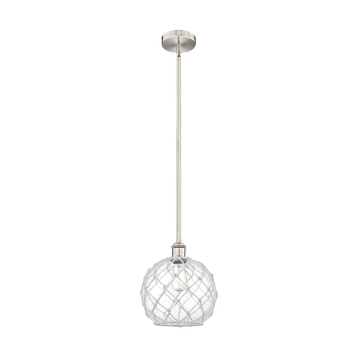 Innovations Farmhouse Rope 10in 1-Light Mini Pendant | Industrial Brushed Satin Nickel Steel and Clear Glass with White Rope | Model 616-1S-SN-G122-10RW