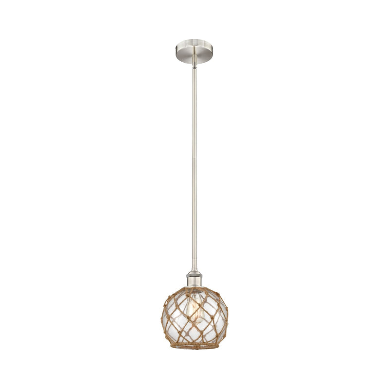 Innovations Farmhouse Rope 8in 1-Light Mini Pendant | Industrial Brushed Satin Nickel Steel and Clear Glass with Brown Rope | Model 616-1S-SN-G122-8RB-LED